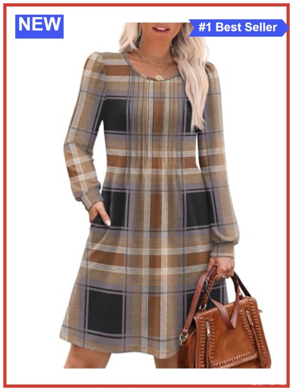 OFEEFAN Long Sleeve Pleated Babydoll Sweater Dress with Pockets